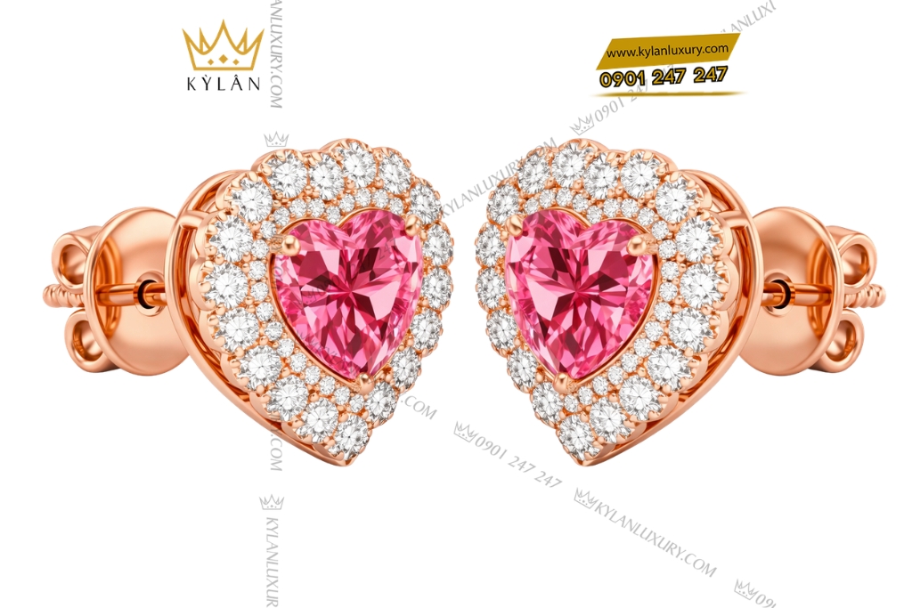 Bông tai trái tim vàng hồng Au750 đính kim cương và sapphire hồng