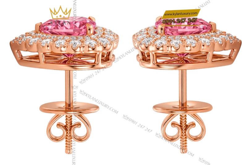 Bông tai trái tim vàng hồng Au750 đính kim cương và sapphire hồng