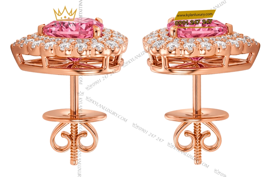 Bông tai trái tim vàng hồng Au750 đính kim cương và sapphire hồng