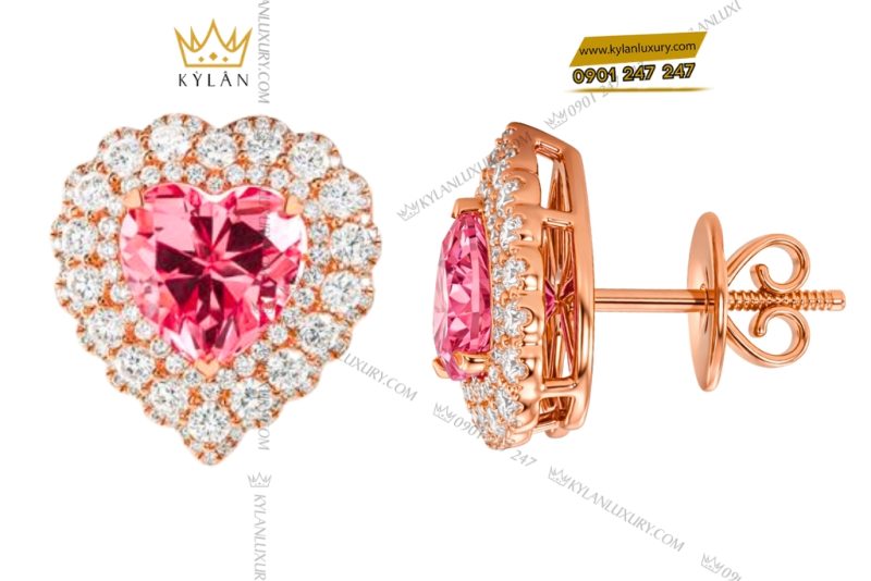 Bông tai trái tim vàng hồng Au750 đính kim cương và sapphire hồng