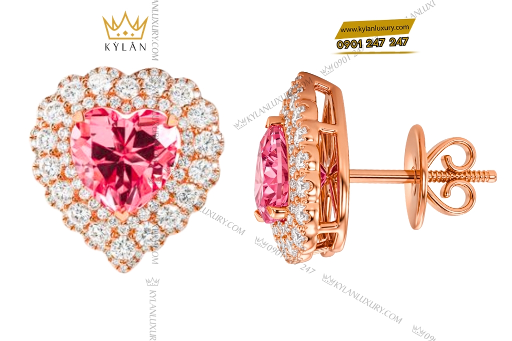 Kỳ Lân Luxury Bong tai trai tim vang hong Au750 dinh kim cuong va sapphire hong 6 Bông tai trái tim vàng hồng Au750 đính kim cương và sapphire hồng