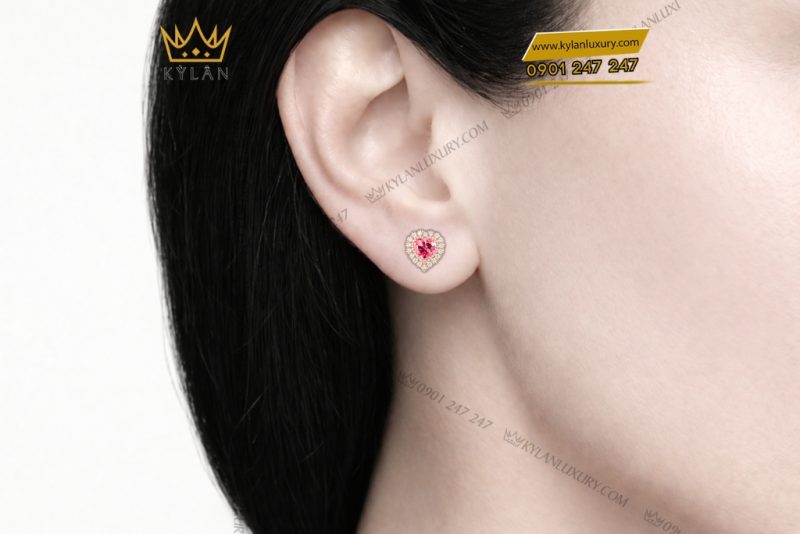 Bông tai trái tim vàng hồng Au750 đính kim cương và sapphire hồng