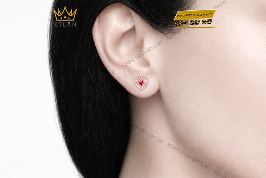 Bông tai trái tim vàng hồng Au750 đính kim cương và sapphire hồng