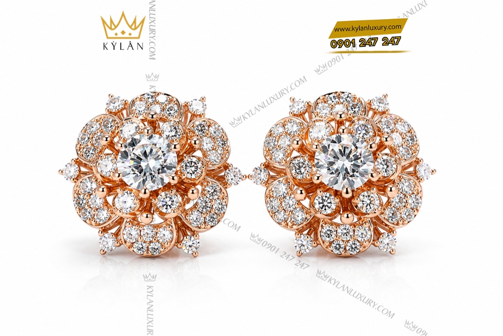 Kỳ Lân Luxury Bong tai vang hong Au750 dinh kim cuong 2 3 Bông tai kim cương vàng hồng Au750 đính viên chủ 5ly4
