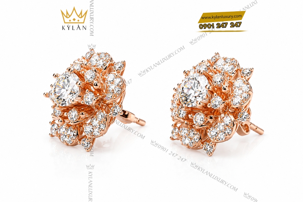 Kỳ Lân Luxury Bong tai vang hong Au750 dinh kim cuong 3 3 Bông tai kim cương vàng hồng Au750 đính viên chủ 5ly4