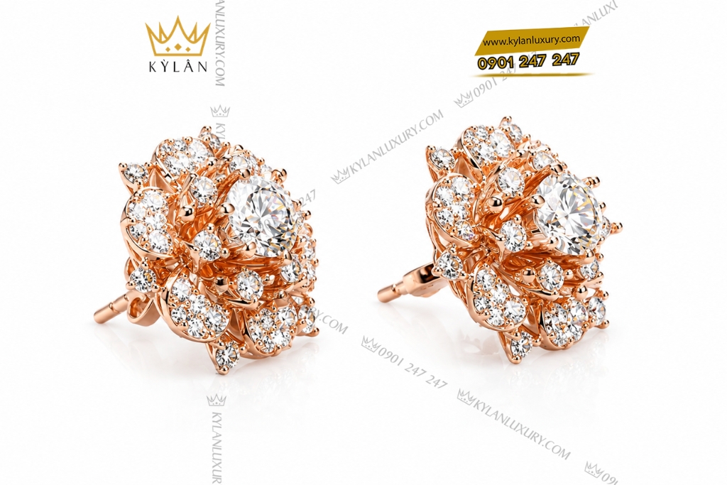 Kỳ Lân Luxury Bong tai vang hong Au750 dinh kim cuong 4 3 Bông tai kim cương vàng hồng Au750 đính viên chủ 5ly4