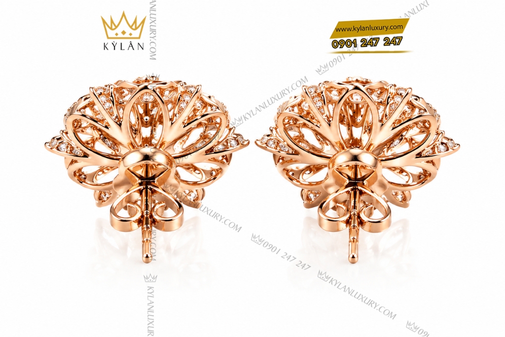 Kỳ Lân Luxury Bong tai vang hong Au750 dinh kim cuong 5 3 Bông tai kim cương vàng hồng Au750 đính viên chủ 5ly4