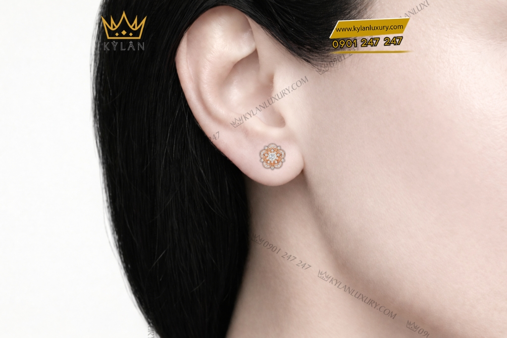 Bông tai vàng hồng Au750 đính kim cương