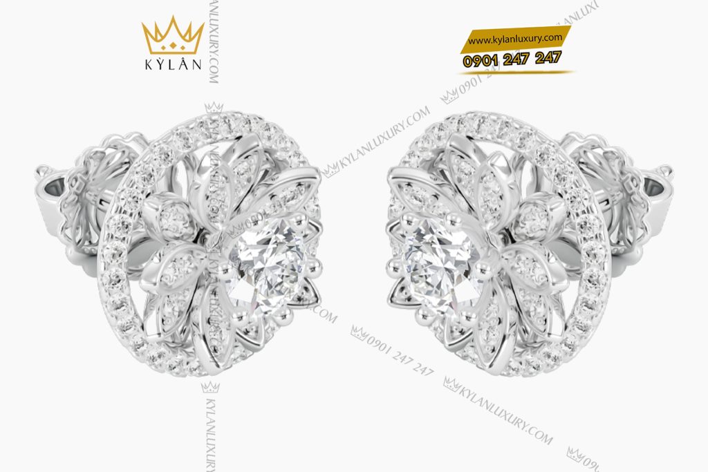 Kỳ Lân Luxury Bong tai vang trang Au750 dinh kim cuong 14 Bông tai vàng trắng Au750 đính kim cương
