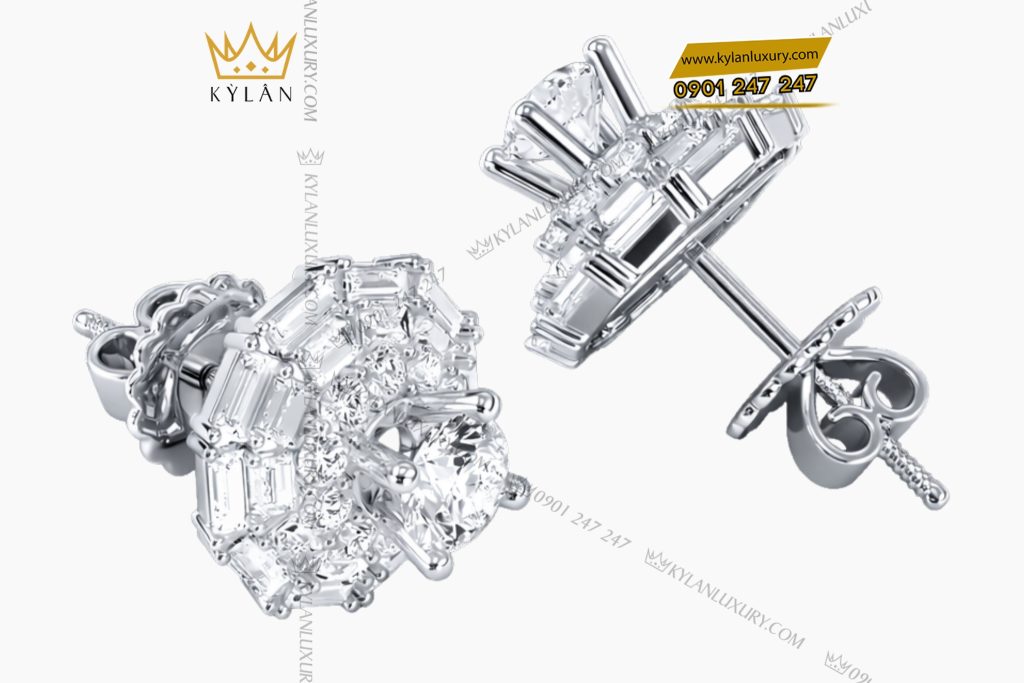 Bông tai vàng trắng Au750 đính kim cương