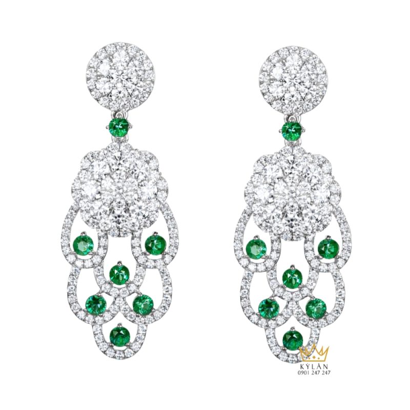 Bông tai vàng trắng Au750 đính kim cương và ngọc lục bảo