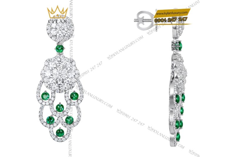 Bông tai vàng trắng Au750 đính kim cương và ngọc lục bảo