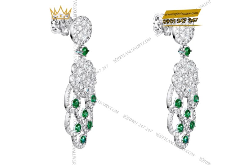 Bông tai vàng trắng Au750 đính kim cương và ngọc lục bảo