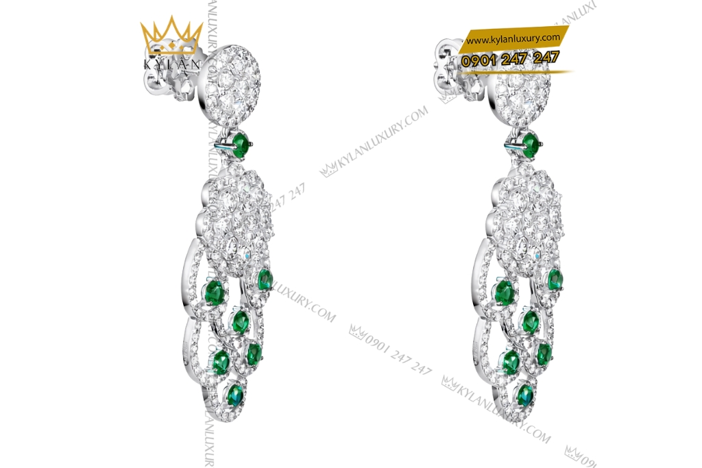 Bông tai vàng trắng Au750 đính kim cương và ngọc lục bảo 10 Kỳ Lân Luxury Bong tai vang trang Au750 dinh kim cuong va ngoc luc bao 5 1 Bông tai vàng trắng Au750 đính kim cương và ngọc lục bảo