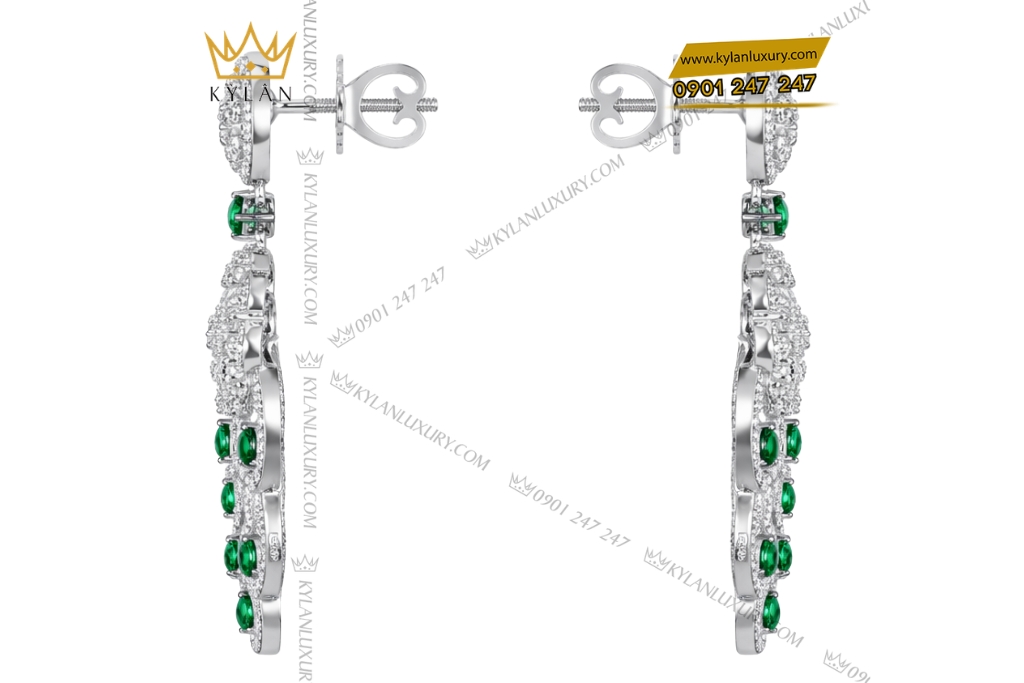 Bông tai vàng trắng Au750 đính kim cương và ngọc lục bảo 5 Bông tai vàng trắng Au750 đính kim cương và ngọc lục bảo