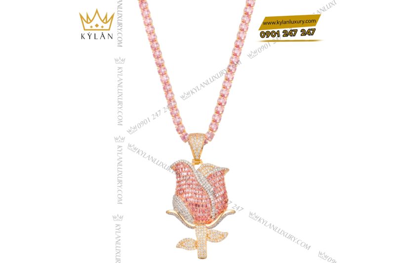 Dây chuyền Hoa Hồng vàng Au750 đính kim cương và đá quý hồng