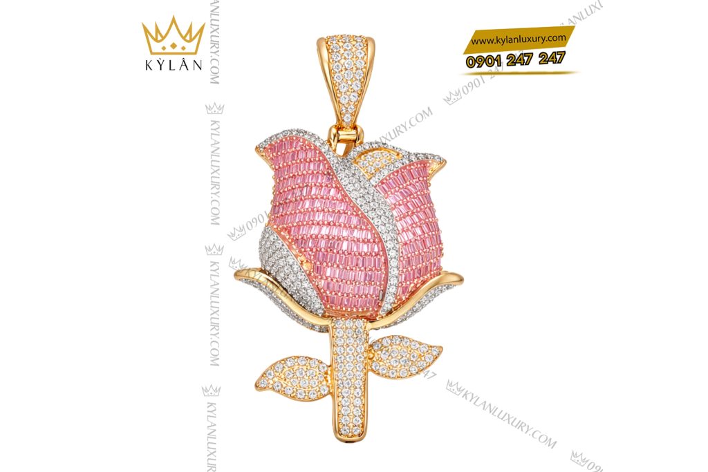 Dây chuyền Hoa Hồng vàng Au750 đính kim cương và đá quý hồng