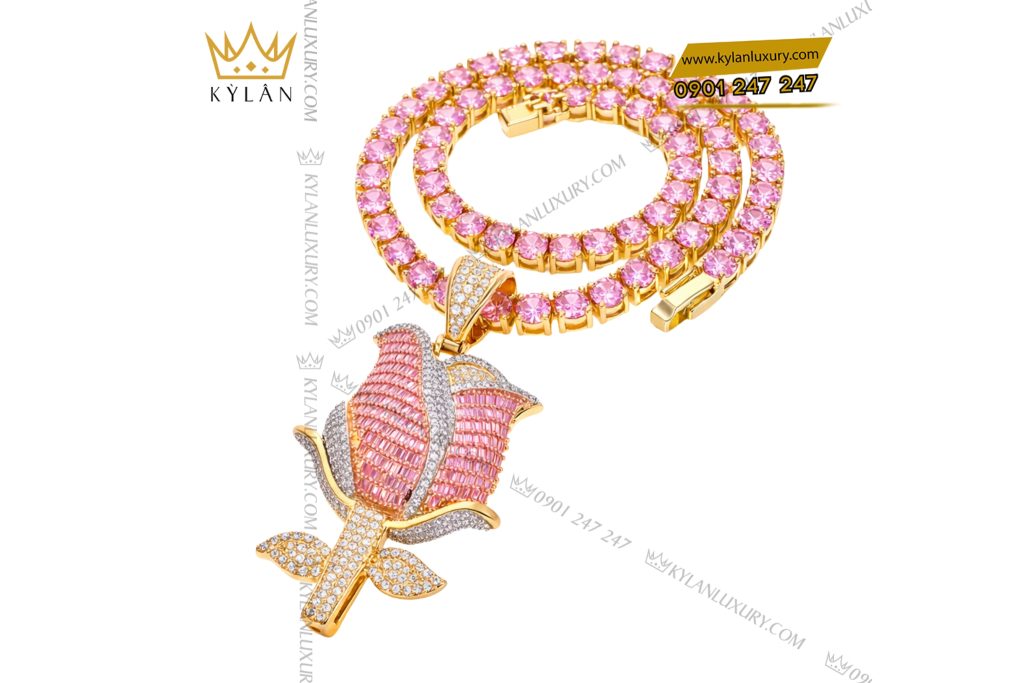 Dây chuyền Hoa Hồng vàng Au750 đính kim cương và đá quý hồng