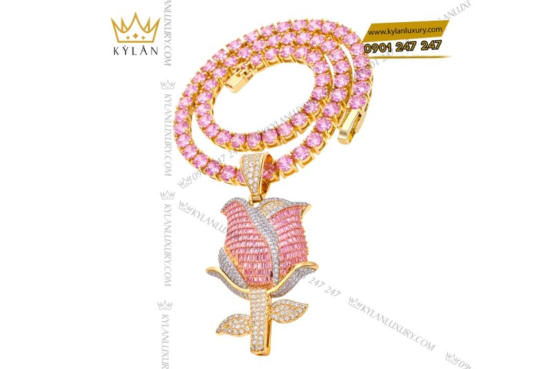 Dây chuyền Hoa Hồng vàng Au750 đính kim cương và đá quý hồng