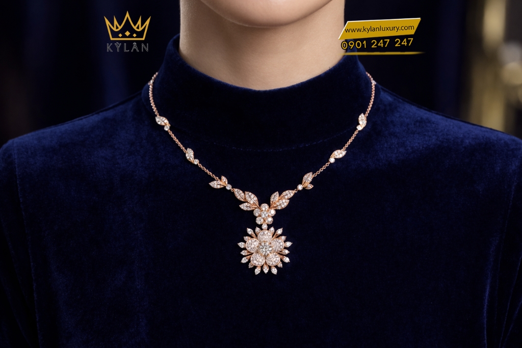 Dây chuyền vàng hồng Au750 đính kim cương