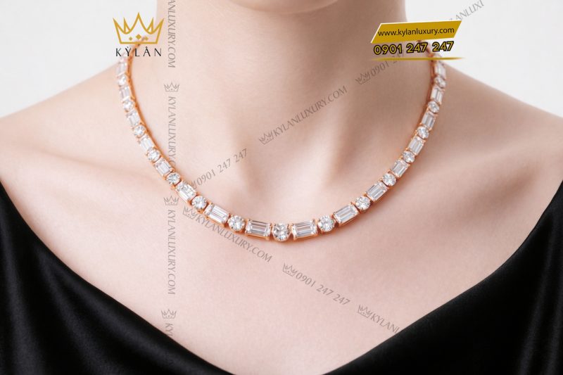 Dây chuyền vàng hồng Au750 đính kim cương