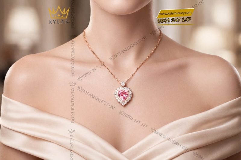 Dây chuyền trái tim vàng hồng Au750 đính kim cương và sapphire hồng