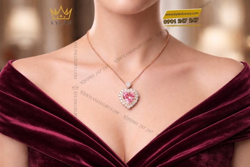 Dây chuyền trái tim vàng hồng Au750 đính kim cương và sapphire hồng