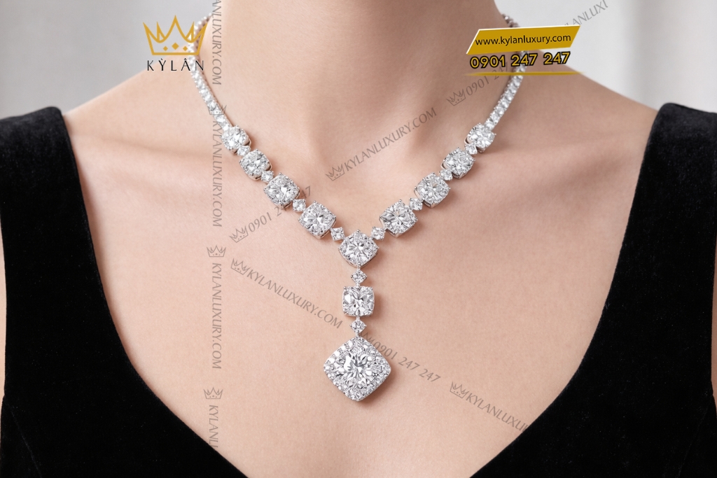 Dây chuyền vàng trắng Au750 đính kim cương