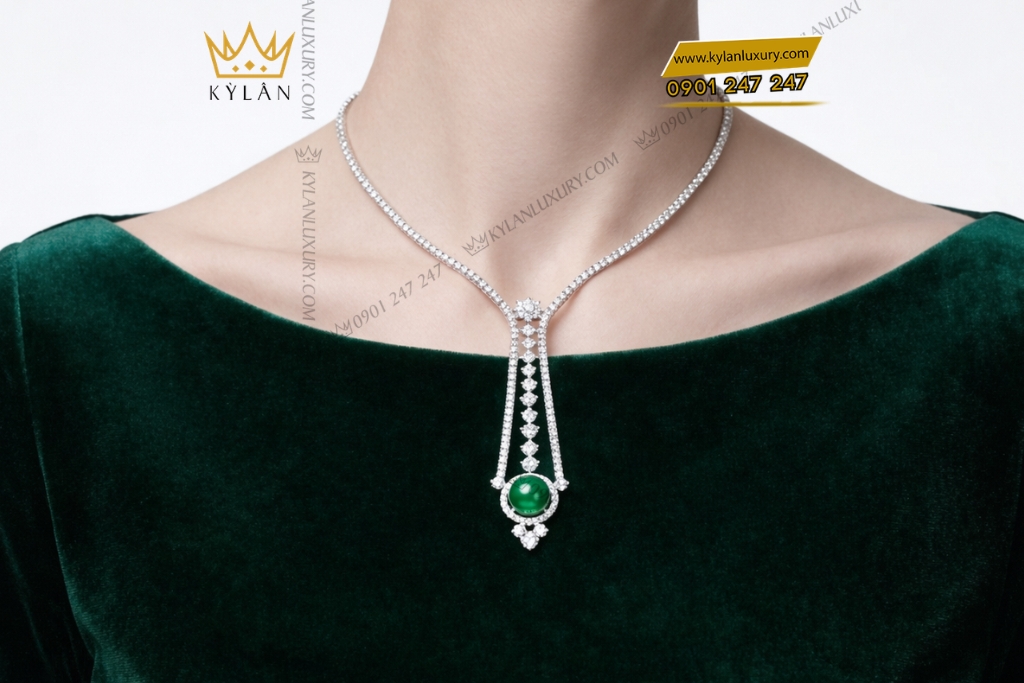 Dây chuyền vàng trắng Au750 đính kim cương và ngọc lục bảo