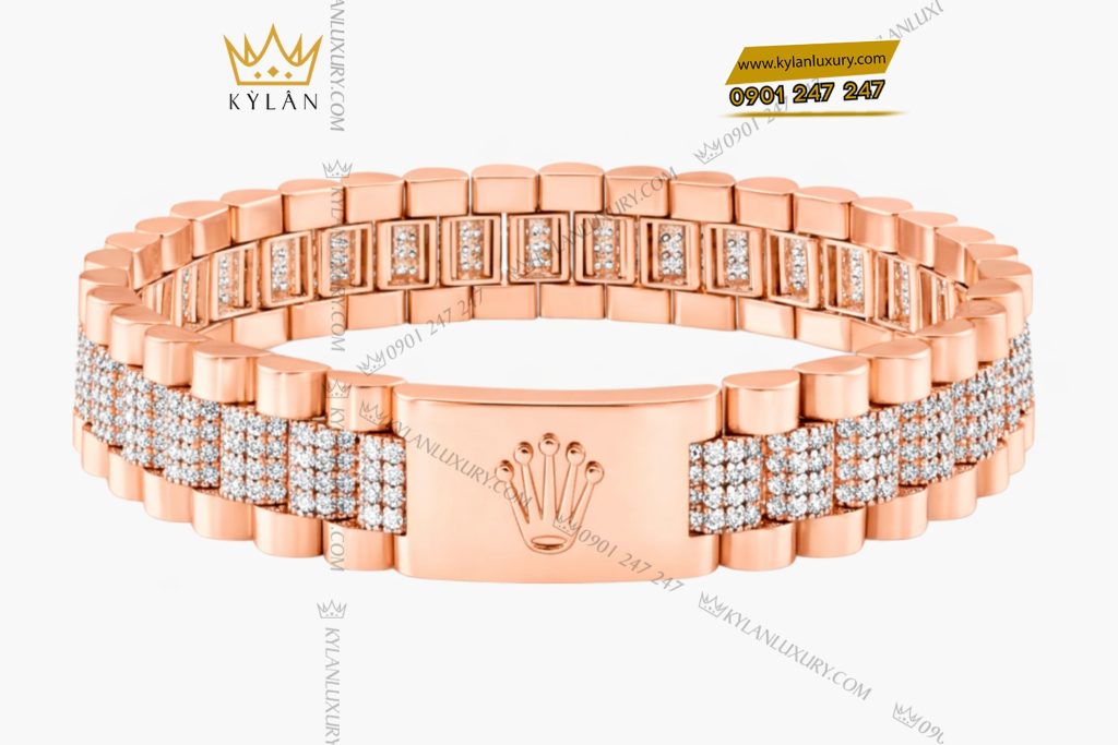 Lắc tay Rolex vàng hồng Au750 đính 4 hàng kim cương