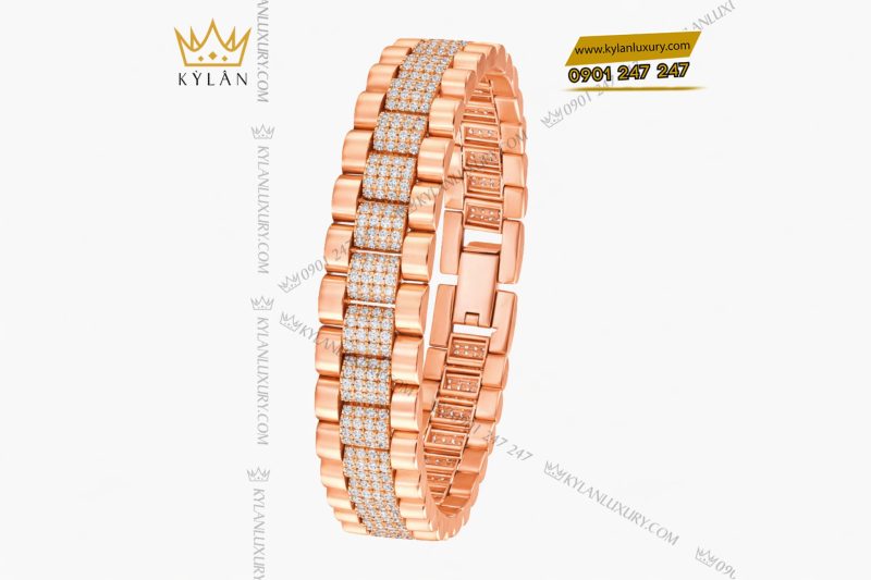 Lắc tay Rolex vàng hồng Au750 đính 4 hàng kim cương