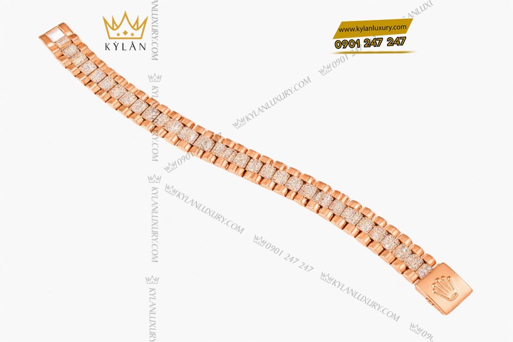 Lắc tay Rolex vàng hồng Au750 đính 4 hàng kim cương