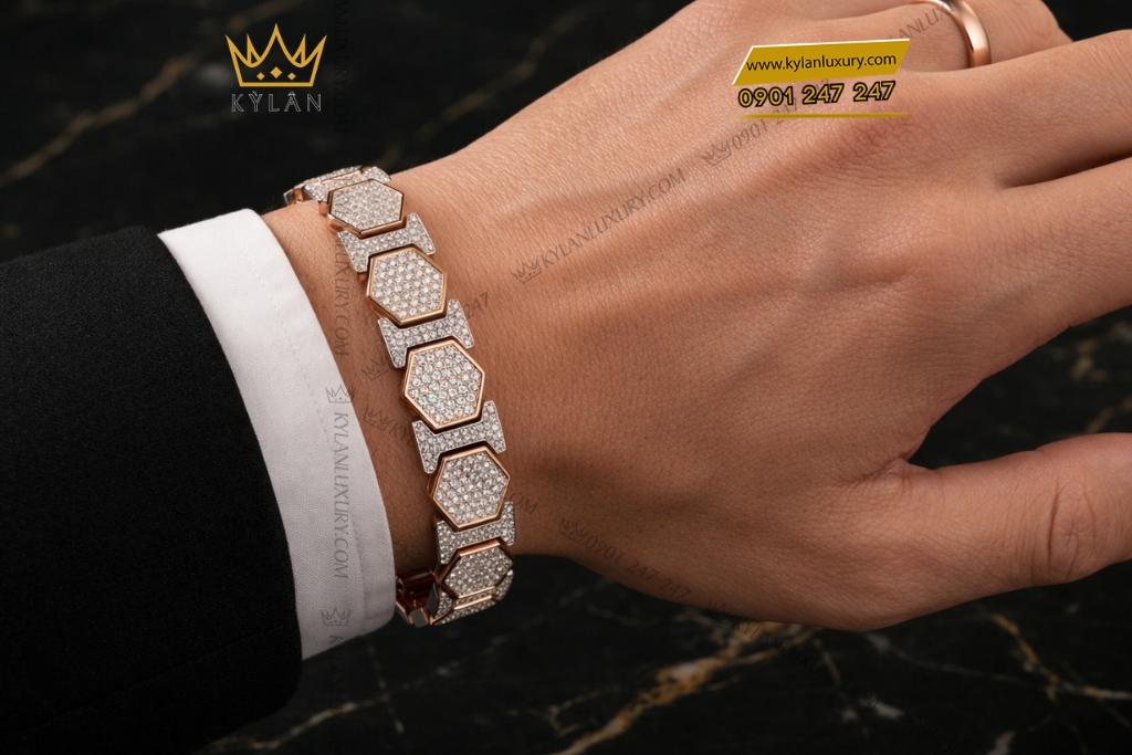 Kỳ Lân Luxury Lac tay vang hong Au750 dinh kim cuong 8 2 Lắc tay vàng hồng Au750 đính kim cương