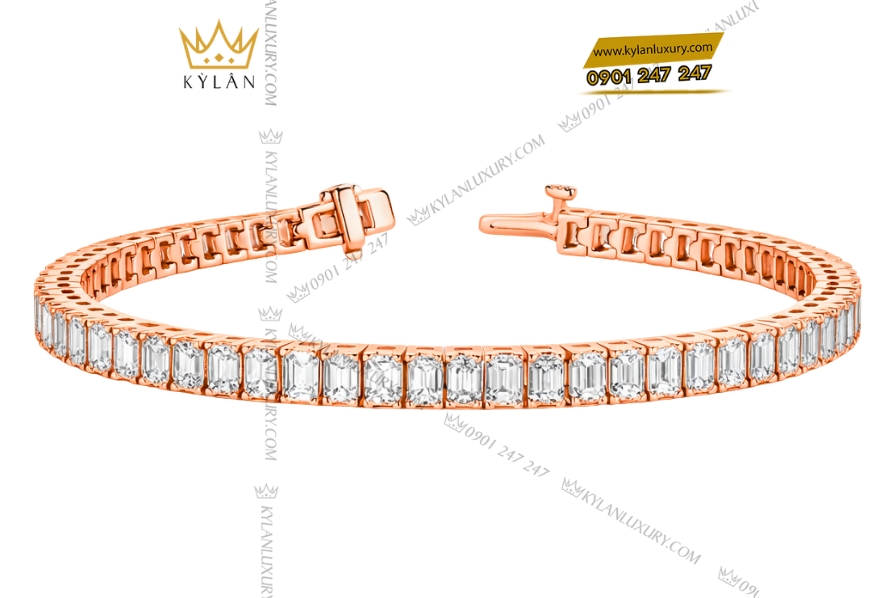 Kỳ Lân Luxury Lac tay vang hong Au750 dinh kim cuong baguette 6 Lắc tay vàng hồng Au750 đính kim cương baguette
