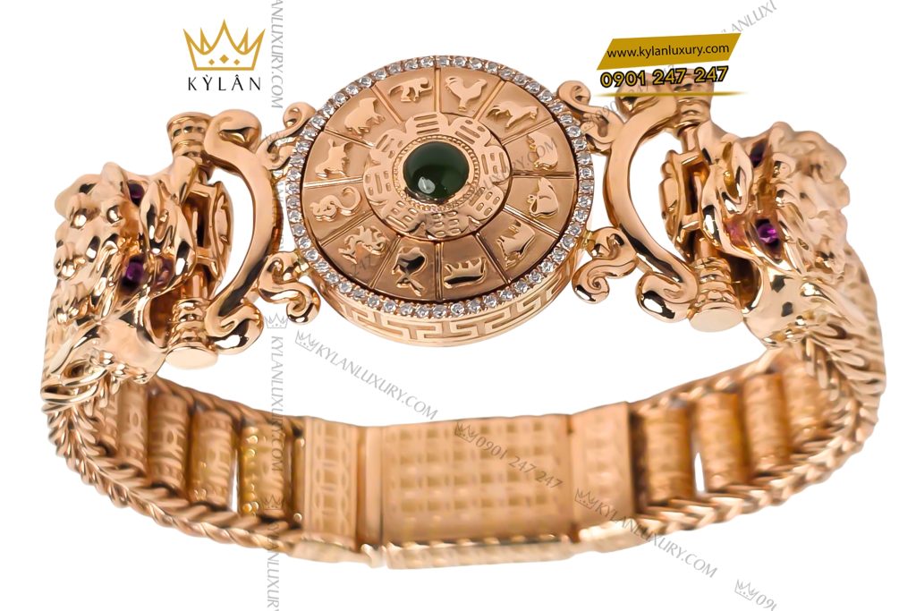 Kỳ Lân Luxury Lac tay vang hong Au750 dinh kim cuong va ngoc luc bao 3 Lắc tay vàng hồng Au750 đính kim cương và ngọc lục bảo