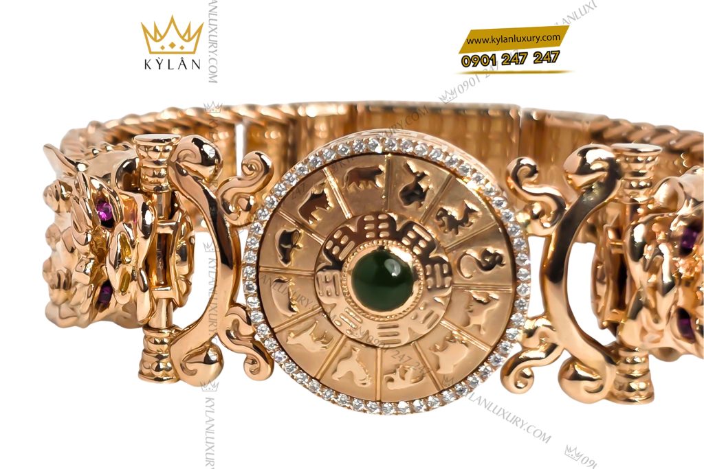 Kỳ Lân Luxury Lac tay vang hong Au750 dinh kim cuong va ngoc luc bao 4 Lắc tay vàng hồng Au750 đính kim cương và ngọc lục bảo