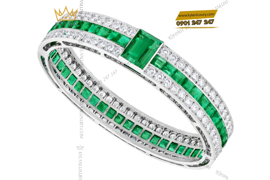 Kỳ Lân Luxury Lac tay vang trang Au750 dinh kim cuong va ngoc luc bao 4 Lắc tay vàng trắng Au750 đính kim cương và ngọc lục bảo