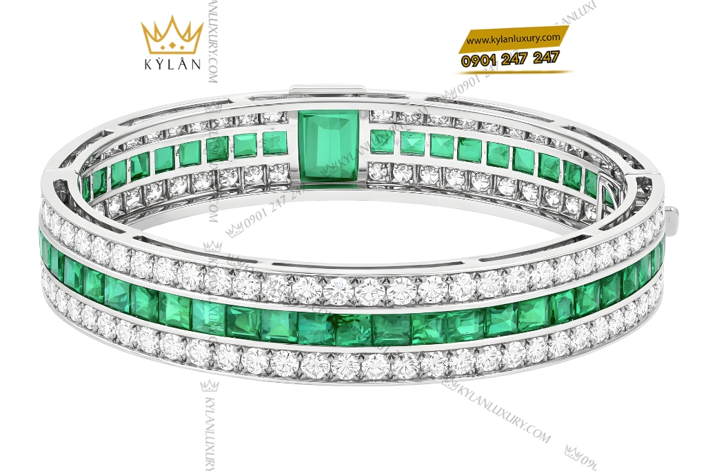 Kỳ Lân Luxury Lac tay vang trang Au750 dinh kim cuong va ngoc luc bao 6 Lắc tay vàng trắng Au750 đính kim cương và ngọc lục bảo