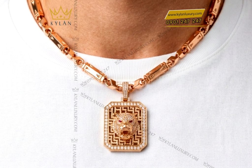Mặt dây chuyền hình đầu hổ vàng hồng Au750 đính kim cương