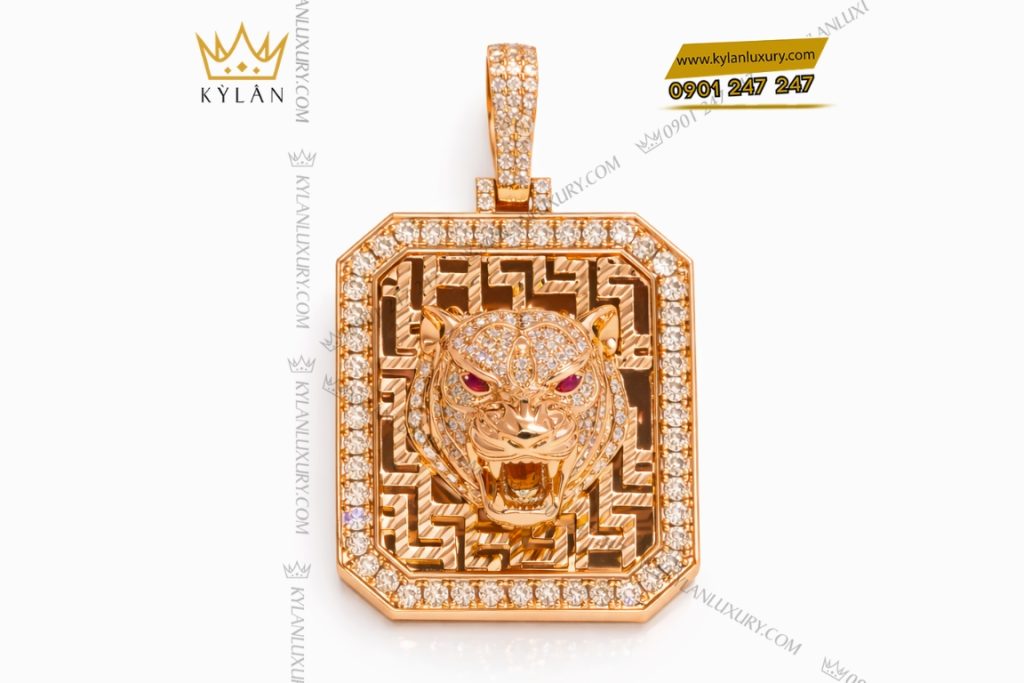 Mặt dây chuyền hình đầu hổ vàng hồng Au750 đính kim cương