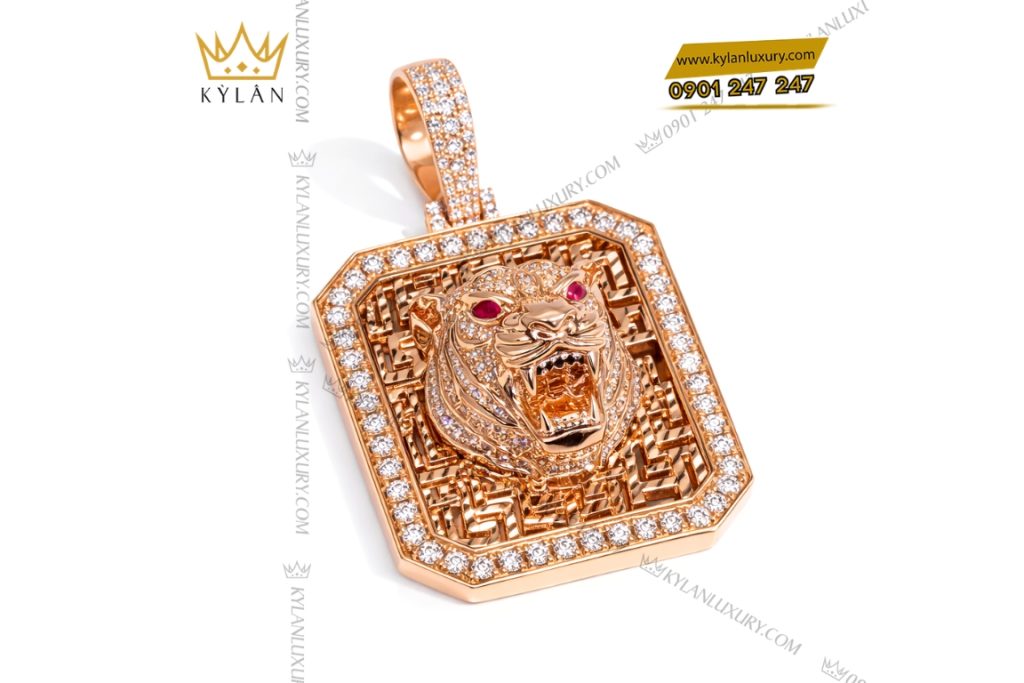Mặt dây chuyền hình đầu hổ vàng hồng Au750 đính kim cương