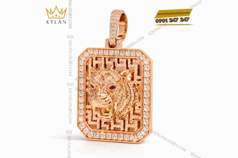 Mặt dây chuyền hình đầu hổ vàng hồng Au750 đính kim cương