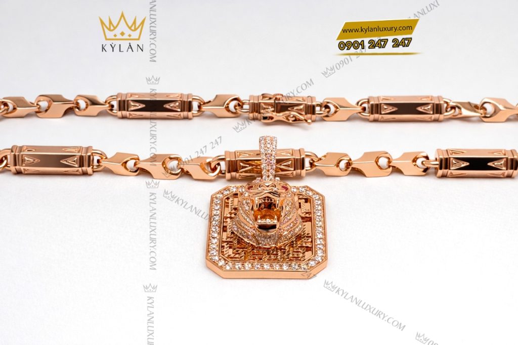 Kỳ Lân Luxury Mat day chuyen hinh dau ho vang hong Au750 dinh kim cuong 8 Mặt dây chuyền hình đầu hổ vàng hồng Au750 đính kim cương