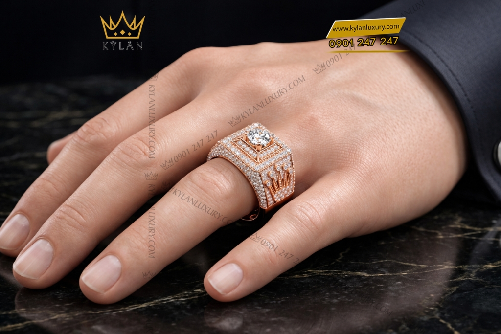 Kỳ Lân Luxury Nhan Rolex vang hong Au750 dinh kim cuong 8 2 Nhẫn Rolex vàng hồng Au750 đính kim cương