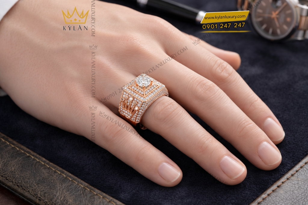 Nhẫn Rolex vàng hồng Au750 đính kim cương