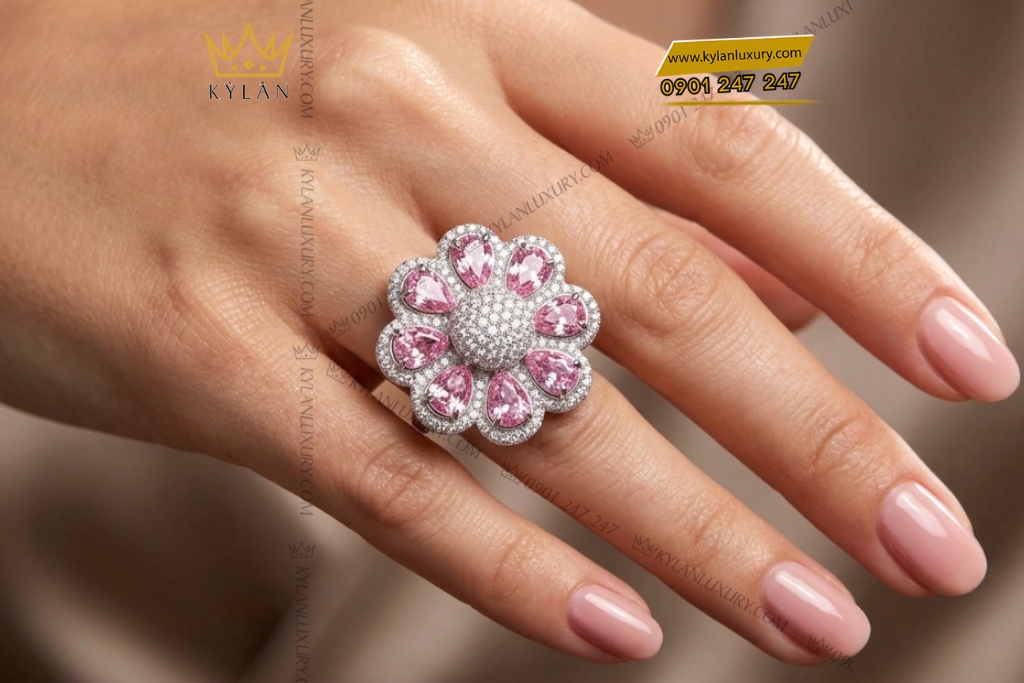 Kỳ Lân Luxury Nhan bong hoa vang trang Au750 dinh kim cuong va sapphire hong 11 Nhẫn hoa vàng trắng Au750 đính kim cương và sapphire hồng