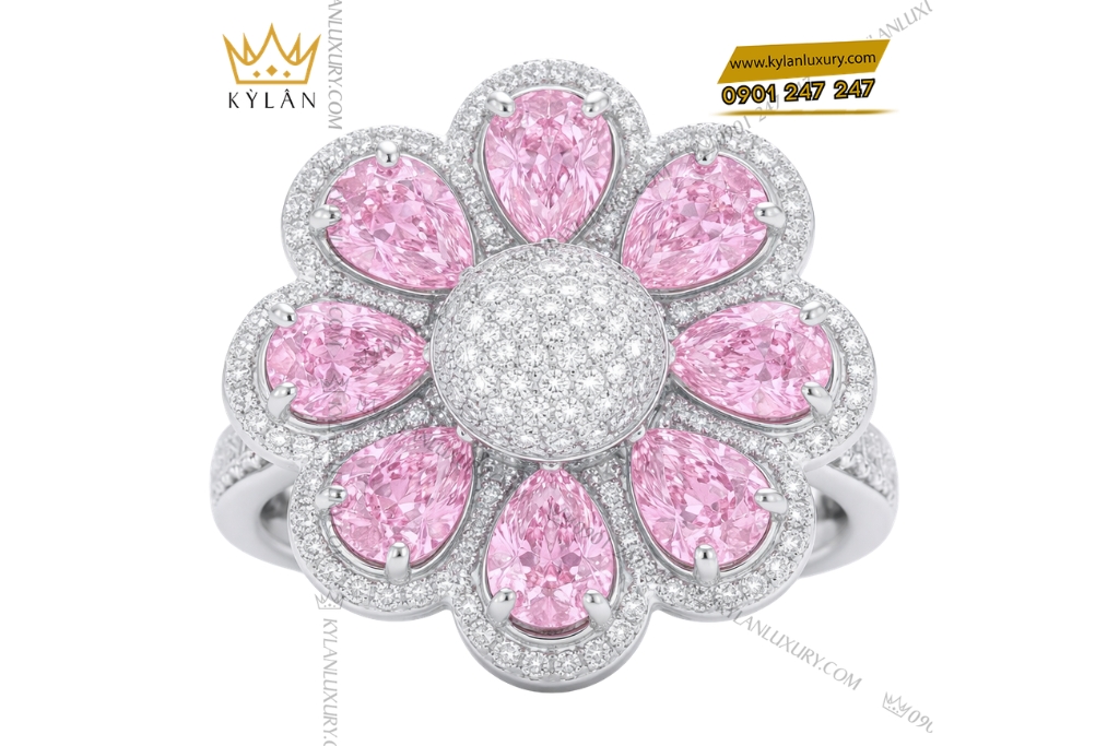 Nhẫn bông hoa vàng trắng Au750 đính kim cương và sapphire hồng