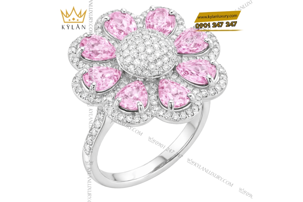 Nhẫn bông hoa vàng trắng Au750 đính kim cương và sapphire hồng