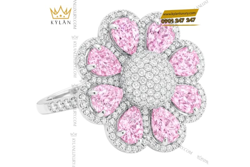 Nhẫn hoa vàng trắng Au750 đính kim cương và sapphire hồng