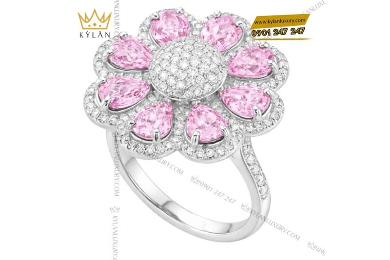 Nhẫn hoa vàng trắng Au750 đính kim cương và sapphire hồng